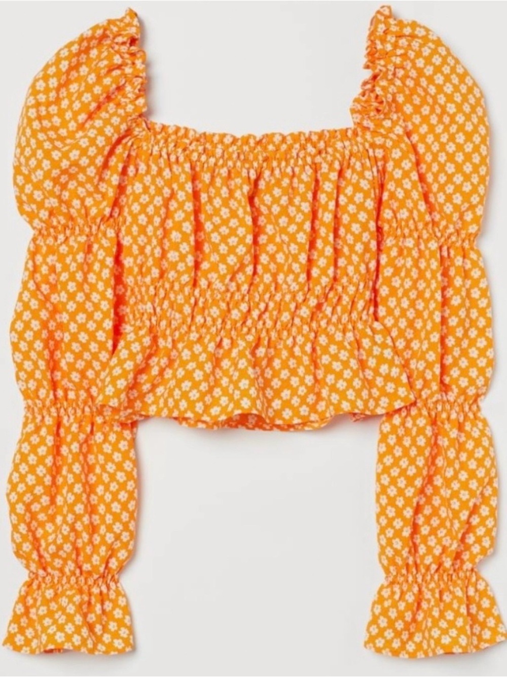 DIVIDED By H&M Orange Floral Print Cropped Long Sleeve Puff-sleeved Top Size S
